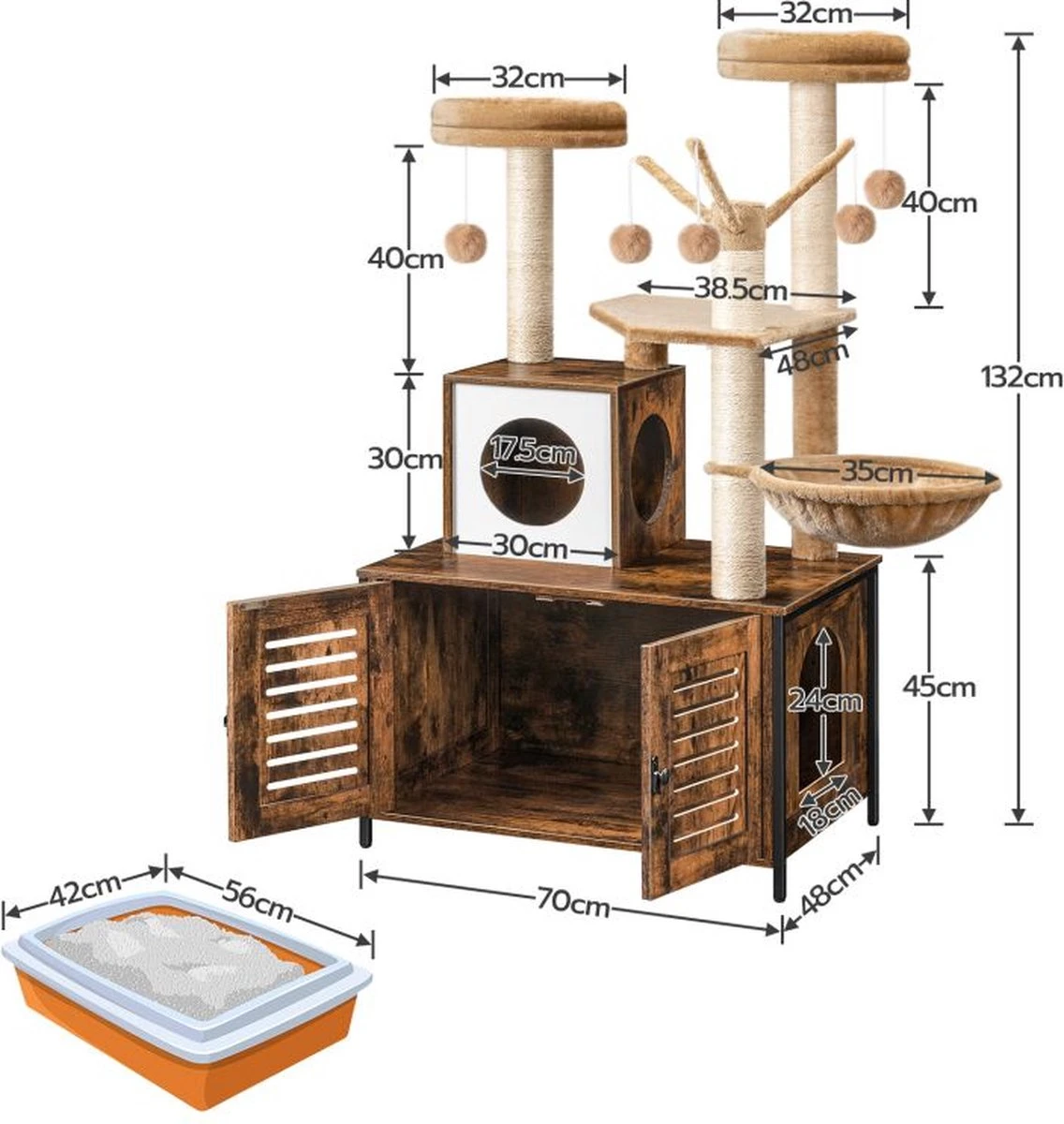Signature Home Lola Krabpaal Met Kattenbak - Kattenbak Hangmat Mand Katten Huis - Kattenhuis Met Deur En Slot - Krabpalen Katten Huis - Kattenbakmeubel Verborgen - Alles-in-één Kattenspeelgoed Met Kattenhuis - Bruin - 70cm X 132cm X 48cm 6 Signature Home Lola Krabpaal Met Kattenbak - Kattenbak Hangmat Mand Katten Huis - Kattenhuis Met Deur En Slot - Krabpalen Katten Huis - Kattenbakmeubel Verborgen - Alles-in-één Kattenspeelgoed Met Kattenhuis - Bruin - 70cm X 132cm X 48cm - Afbeelding 4