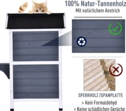 PawHut Kattenhuis Voor Buiten Kattenhut Met 2 Verdiepingen Kattenvilla, Asfaltdak, Massief Hout Grijs D30-236 -Dierenwinkel 1200x1054 2