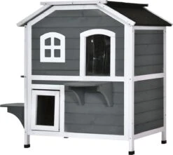 PawHut Kattenhuis Voor Buiten Kattenhut Met 2 Verdiepingen Kattenvilla, Asfaltdak, Massief Hout Grijs D30-236 -Dierenwinkel 1200x1074 2