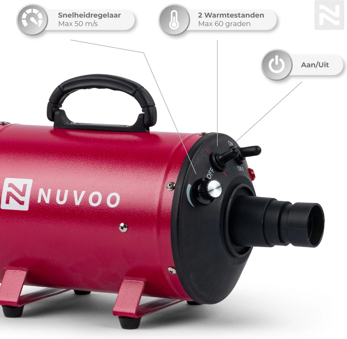 Nuvoo Professionele Hondenföhn / Waterblazer / Hondenborstel Met 3 Opzetstukken - Verstelbare Vermogen Tot 2200W - Warme / Koude Stand - Rood 4 Nuvoo Professionele Hondenföhn / Waterblazer / Hondenborstel Met 3 Opzetstukken - Verstelbare Vermogen Tot 2200W - Warme / Koude Stand - Rood - Afbeelding 2