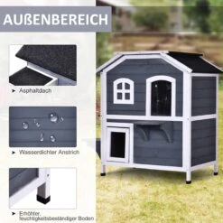 PawHut Kattenhuis Voor Buiten Kattenhut Met 2 Verdiepingen Kattenvilla, Asfaltdak, Massief Hout Grijs D30-236 -Dierenwinkel 1200x1200 432