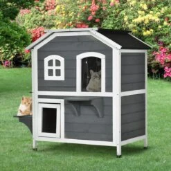 PawHut Kattenhuis Voor Buiten Kattenhut Met 2 Verdiepingen Kattenvilla, Asfaltdak, Massief Hout Grijs D30-236 -Dierenwinkel 1200x1200 433